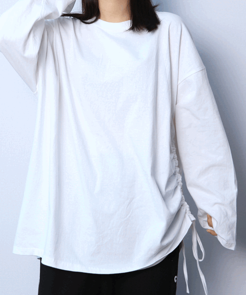 (1+1할인) 무지 터널 스트링 셔링 오버핏 긴팔 티셔츠